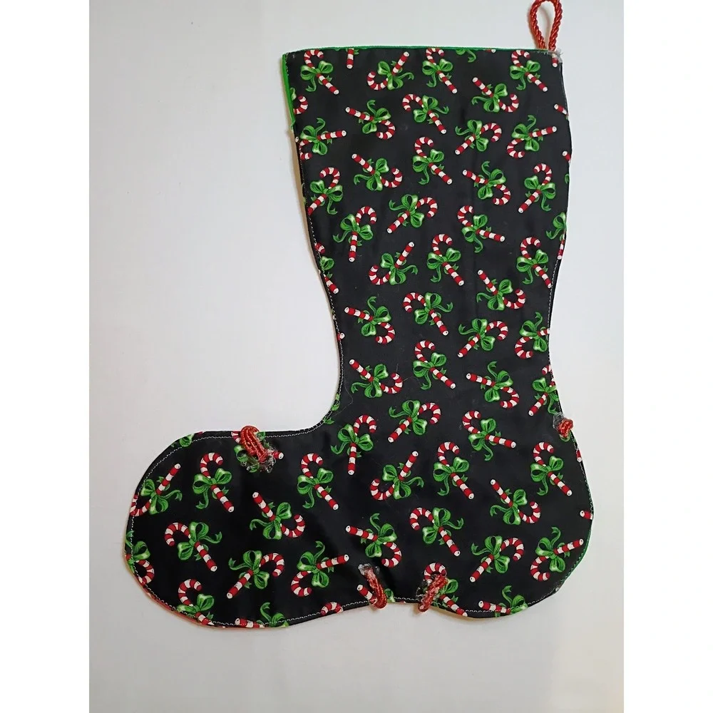 Handmade Christmas Stocking Candy Cane Patchwork Red Green‎ Black Elf Boot Style